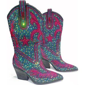 Women's Pink Multi-color Patterned Rhinestone Western Cowboy Mid-calf Boots